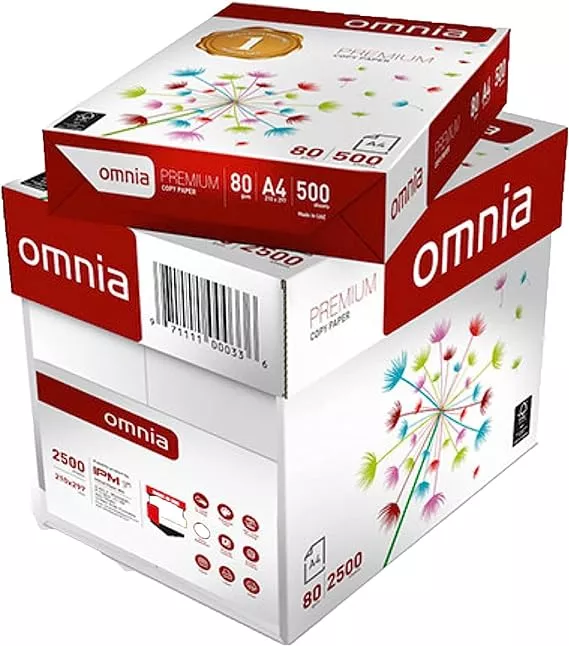 carton of omniya printing paper, 5 packs, 80 gm